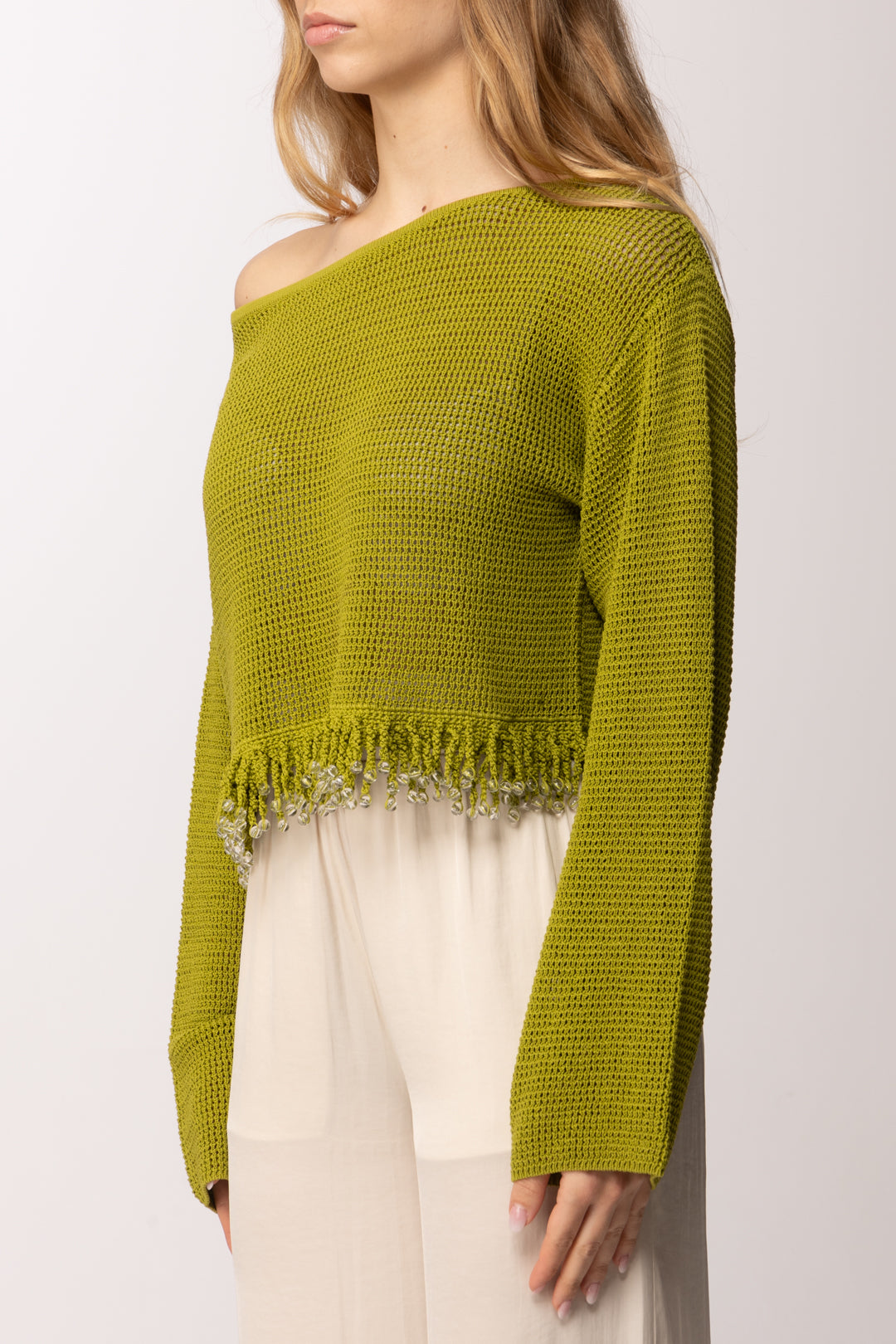 Patrizia Pepe Maglia Traforata con Frange e Dettagli Luminosi 2K0384 K337 ALOE GREEN