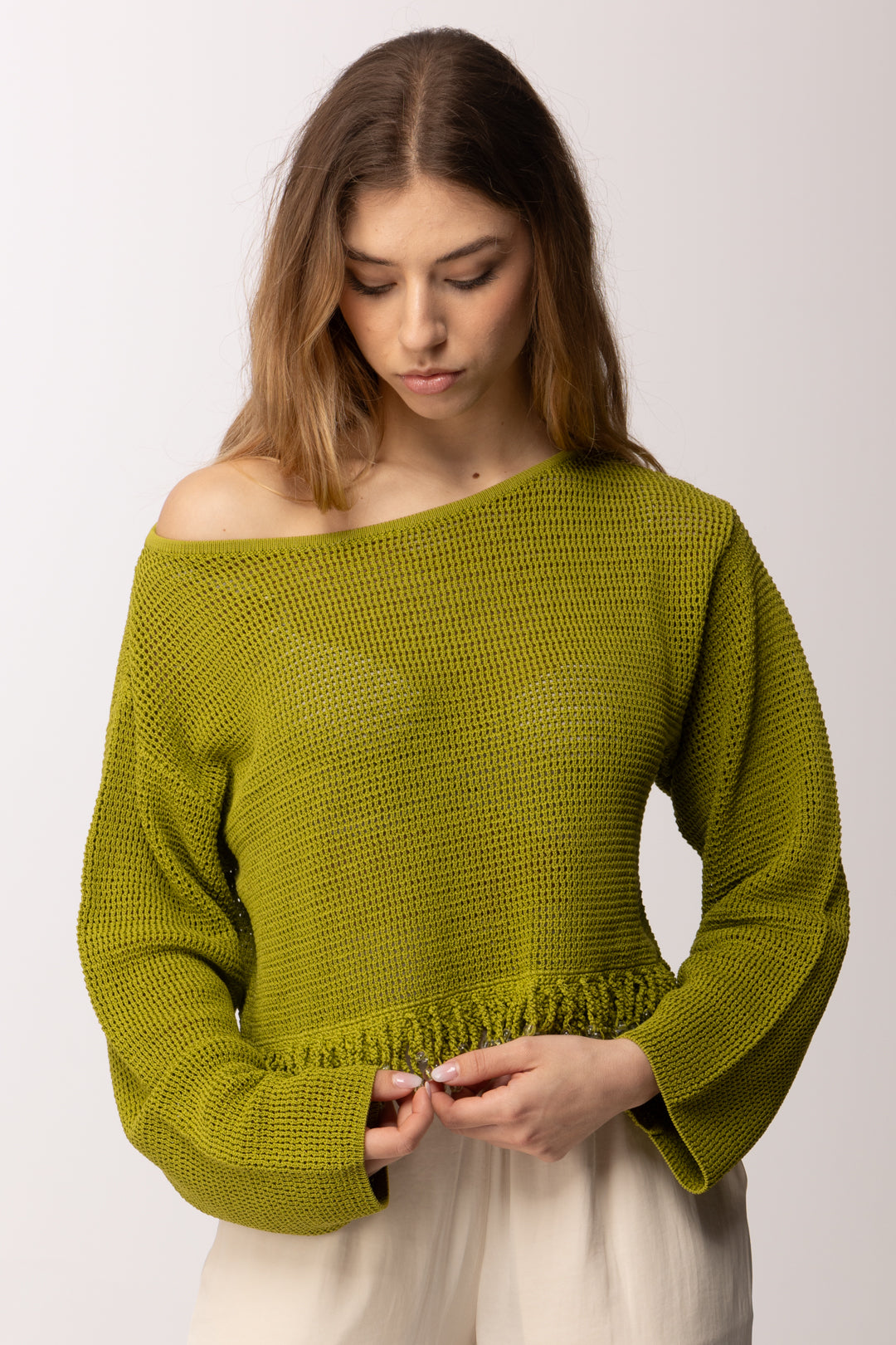 Patrizia Pepe Maglia Traforata con Frange e Dettagli Luminosi 2K0384 K337 ALOE GREEN