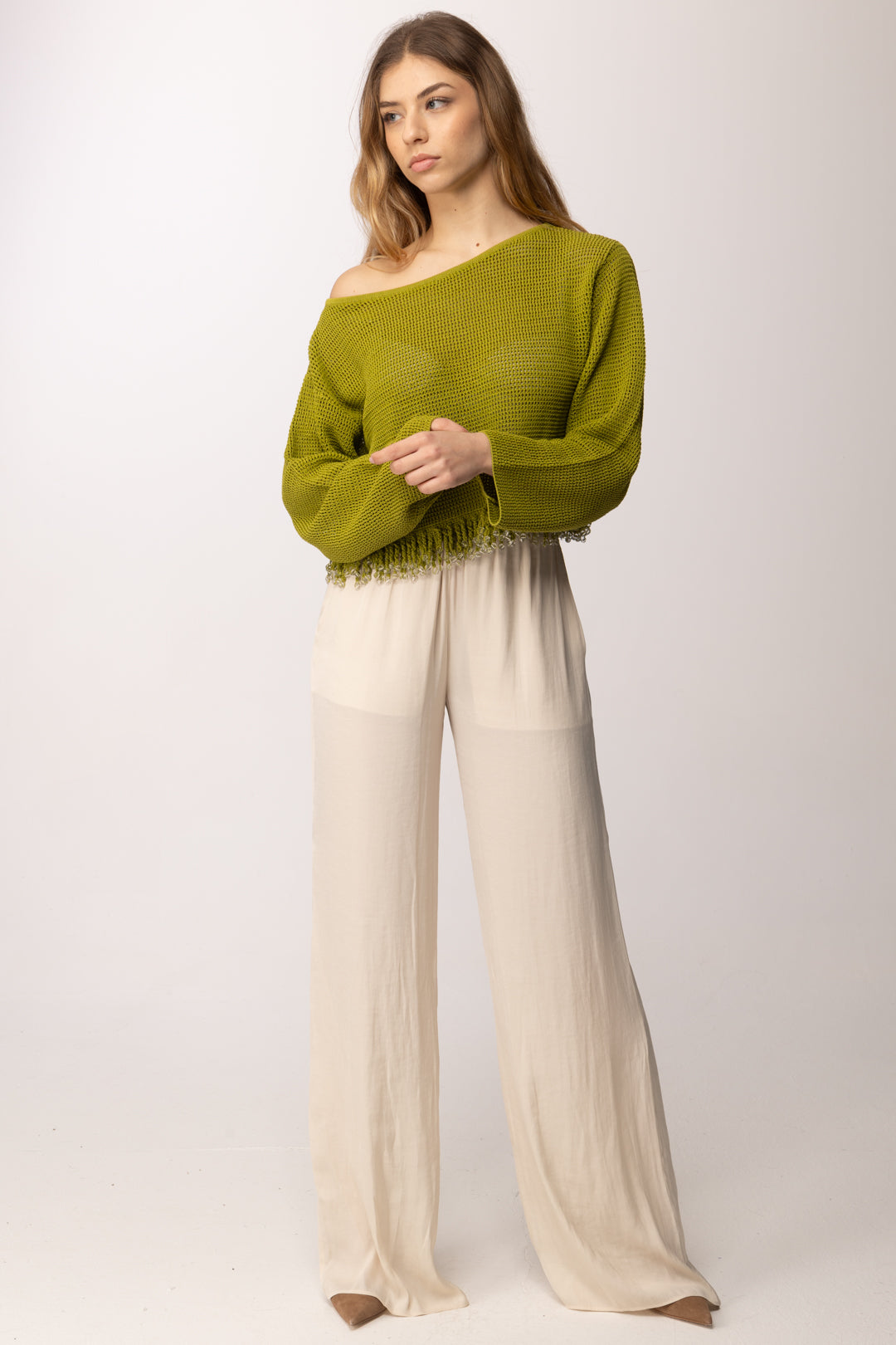 Patrizia Pepe Maglia Traforata con Frange e Dettagli Luminosi 2K0384 K337 ALOE GREEN