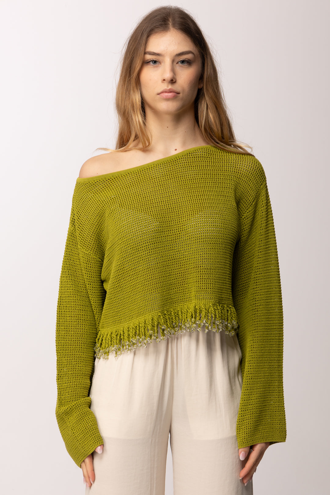 Patrizia Pepe Maglia Traforata con Frange e Dettagli Luminosi 2K0384 K337 ALOE GREEN