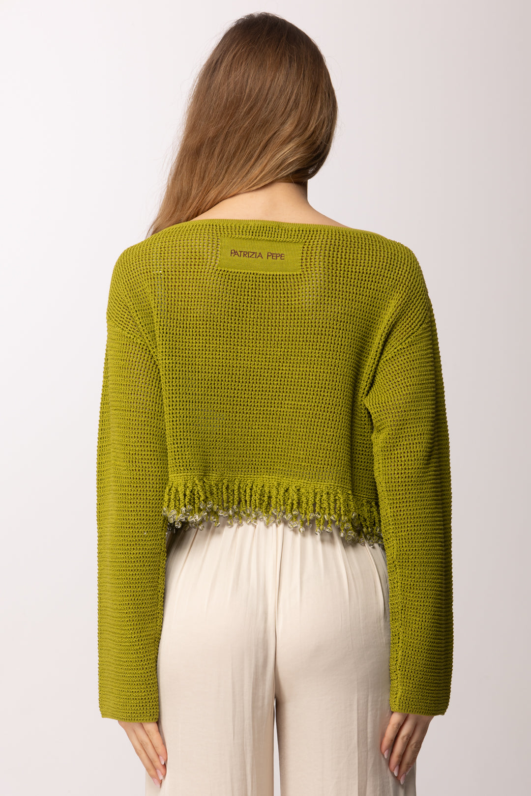 Patrizia Pepe Maglia Traforata con Frange e Dettagli Luminosi 2K0384 K337 ALOE GREEN