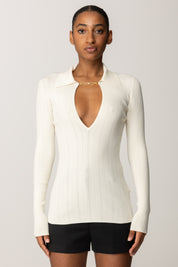 Elisabetta Franchi Maglia con Dettagli a Jour e Accessorio Logo MK09B56E2 MILK