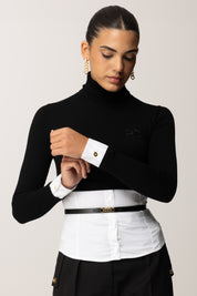 Elisabetta Franchi Maglia con Inserto Camicia e Cintura MK14T56E2 NERO/BIANCO