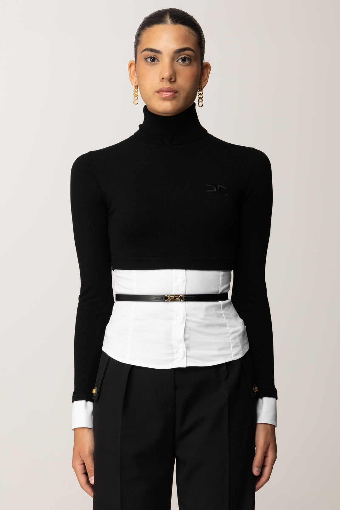Elisabetta Franchi Maglia con Inserto Camicia e Cintura MK14T56E2 NERO/BIANCO