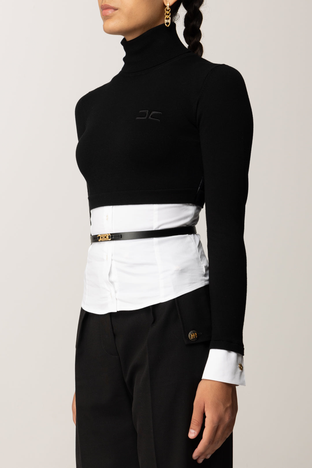 Elisabetta Franchi Maglia con Inserto Camicia e Cintura MK14T56E2 NERO/BIANCO