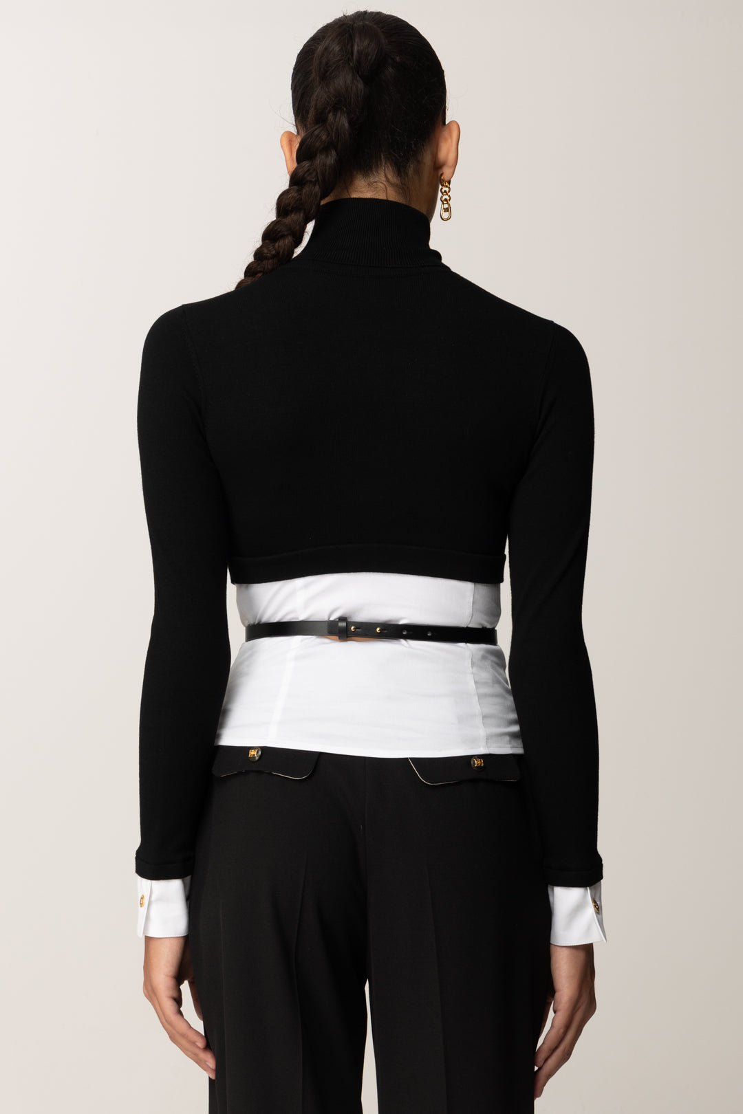 Elisabetta Franchi Maglia con Inserto Camicia e Cintura MK14T56E2 NERO/BIANCO