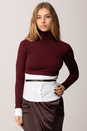 Elisabetta Franchi Maglia con Inserto Camicia e Cintura MK14T56E2 ROUGE NOIR/BIANCO