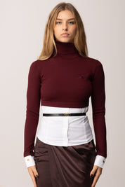 Elisabetta Franchi Maglia con Inserto Camicia e Cintura MK14T56E2 ROUGE NOIR/BIANCO