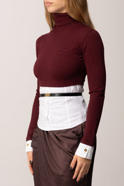 Elisabetta Franchi Maglia con Inserto Camicia e Cintura MK14T56E2 ROUGE NOIR/BIANCO