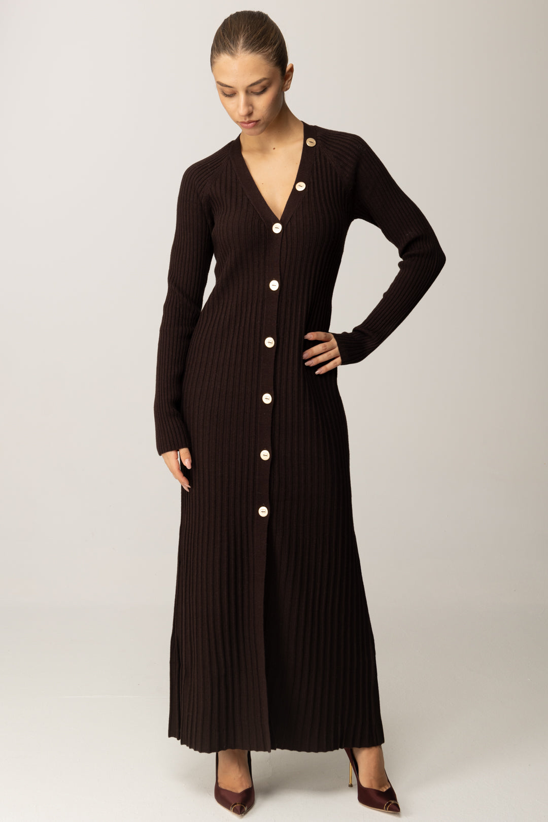 Twin-set Maxi Cardigan In Misto Lana a Costine 252TT3400 BLACK CHOCOLATE 