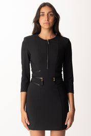 Elisabetta Franchi Mini Abito Doppio Crepe con Zip e Inserti Ecopelle AB82356E2 NERO