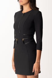 Elisabetta Franchi Mini Abito Doppio Crepe con Zip e Inserti Ecopelle AB82356E2 NERO