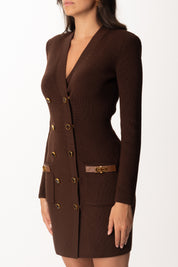 Elisabetta Franchi Mini Abito Doppiopetto In Maglia con Dettagli Gioiello AM04S56E2 COFFEE