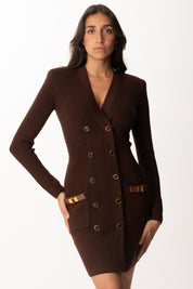 Elisabetta Franchi Mini Abito Doppiopetto In Maglia con Dettagli Gioiello AM04S56E2 COFFEE
