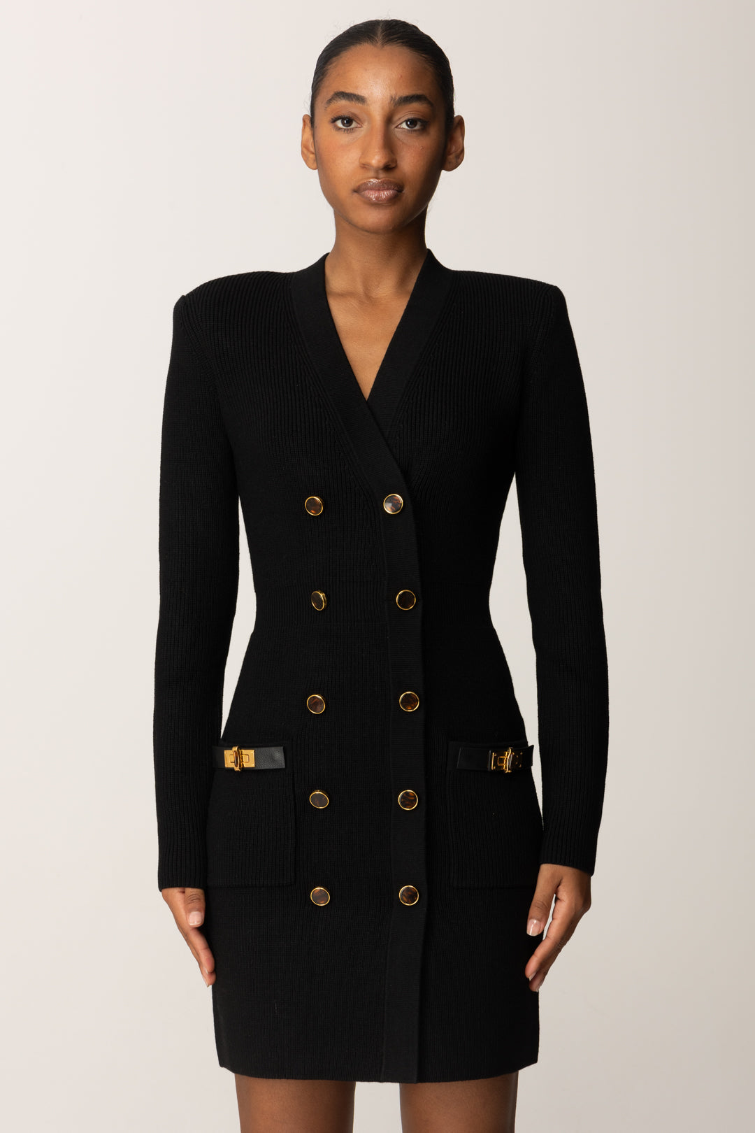 Elisabetta Franchi Mini Abito Doppiopetto In Maglia con Dettagli Gioiello AM04S56E2 NERO