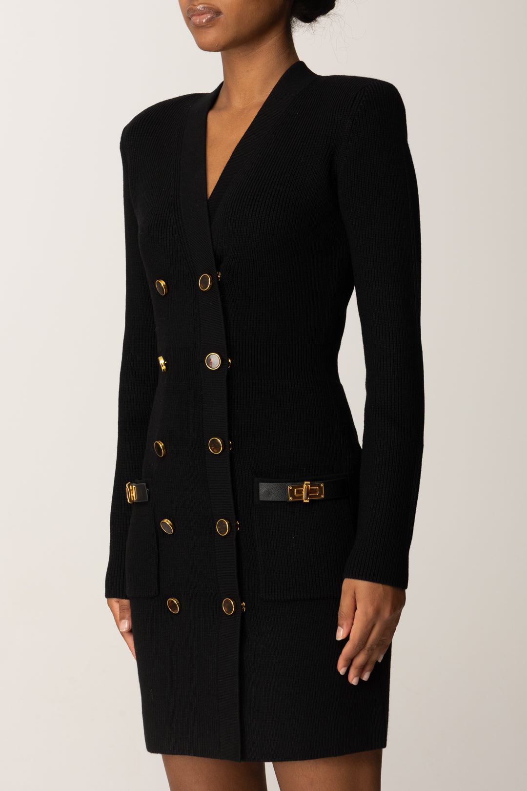 Elisabetta Franchi Mini Abito Doppiopetto In Maglia con Dettagli Gioiello AM04S56E2 NERO