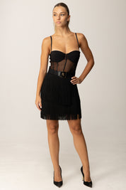Elisabetta Franchi Mini Abito In Tulle con Frange e Cintura AB82556E2 NERO