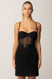 Elisabetta Franchi Mini Abito In Tulle con Frange e Cintura AB82556E2 NERO