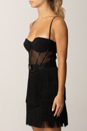Elisabetta Franchi Mini Abito In Tulle con Frange e Cintura AB82556E2 NERO
