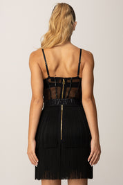 Elisabetta Franchi Mini Abito In Tulle con Frange e Cintura AB82556E2 NERO