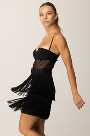 Elisabetta Franchi Mini Abito In Tulle con Frange e Cintura AB82556E2 NERO