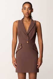 Elisabetta Franchi Mini Abito Inserti In Tulle e Bottoni Gioiello COFFEE ab89757e2