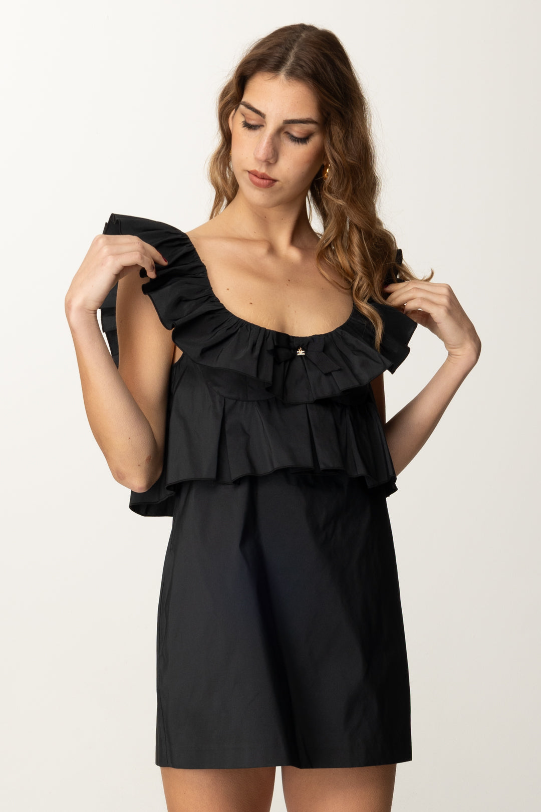 ELISABETTA FRANCHI Mini Abito con Colletto Ruches AB79552E2 NERO