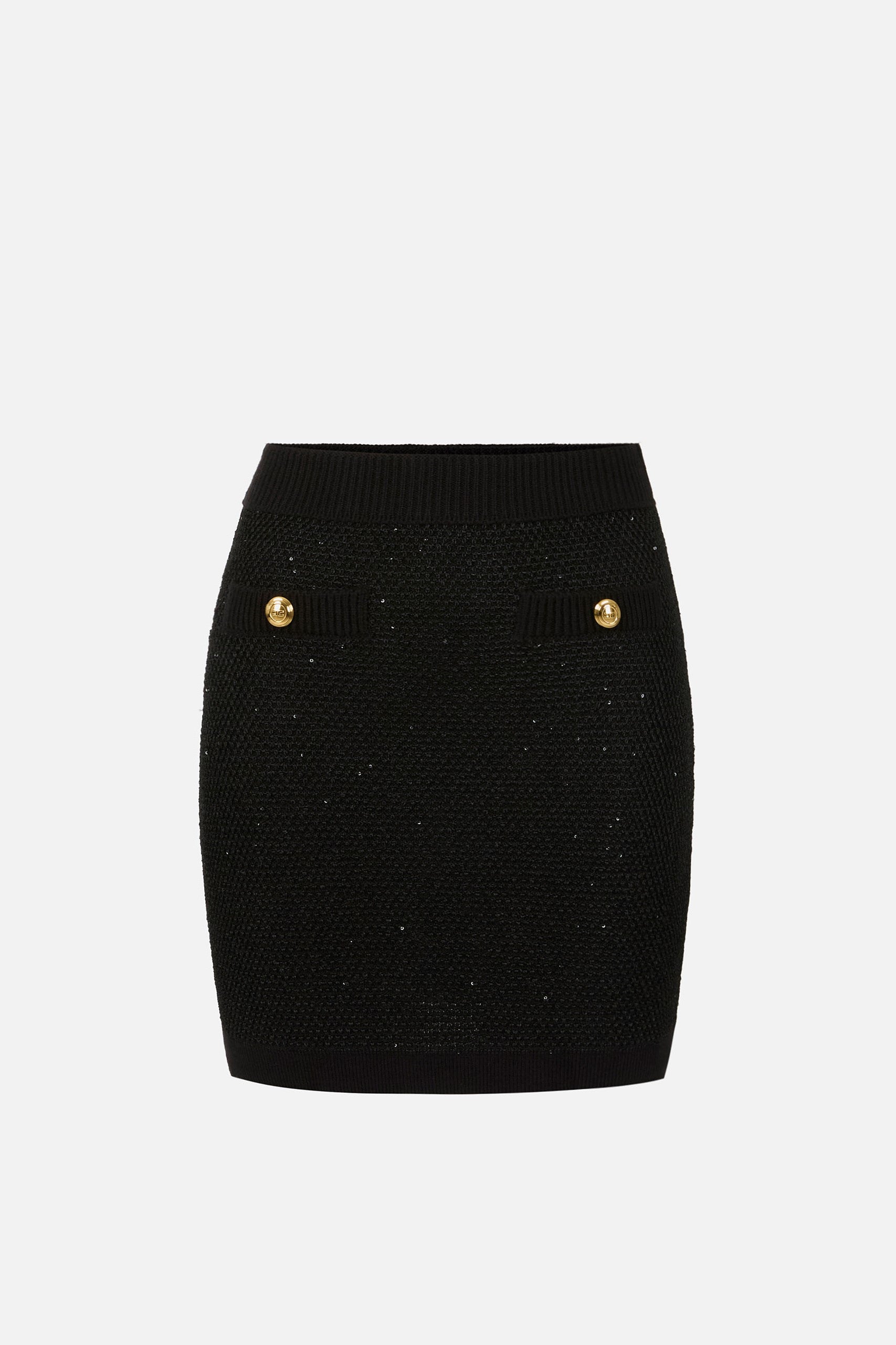 Elisabetta Franchi Minigonna In Maglia con Paillettes e Bottoni Gold GK23T57E2