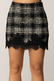 Twin-set Minigonna In Misto Lana con Bordo In Pizzo 252TT2112 BIG CHECK NERO/NEVE