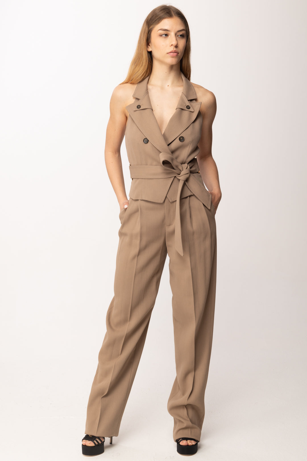 Elisabetta Franchi Pantaloni In Gabardina con Pinces PA17661E2 ARGILLA