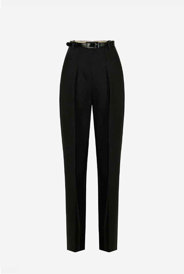 Elisabetta Franchi Pantaloni In Lana a Vita Alta con Cintura PA22367E2 NERO