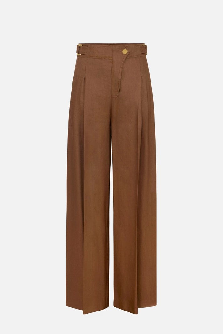 Elisabetta Franchi Pantaloni Palazzo In Misto Lino con Cinturini PA12762E2 CUOIO