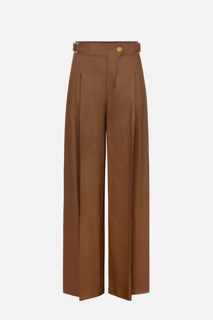Elisabetta Franchi Pantaloni Palazzo In Misto Lino con Cinturini PA12762E2 CUOIO