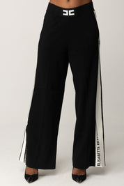 Elisabetta Franchi Pantaloni Palazzo In Viscosa con Bande Lucide KP69S56E2 NERO/MILK