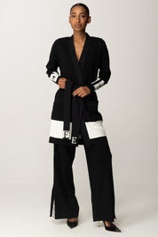 Elisabetta Franchi Pantaloni Palazzo In Viscosa con Bande Lucide KP69S56E2 NERO/MILK