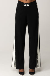 Elisabetta Franchi Pantaloni Palazzo In Viscosa con Bande Lucide KP69S56E2 NERO/MILK