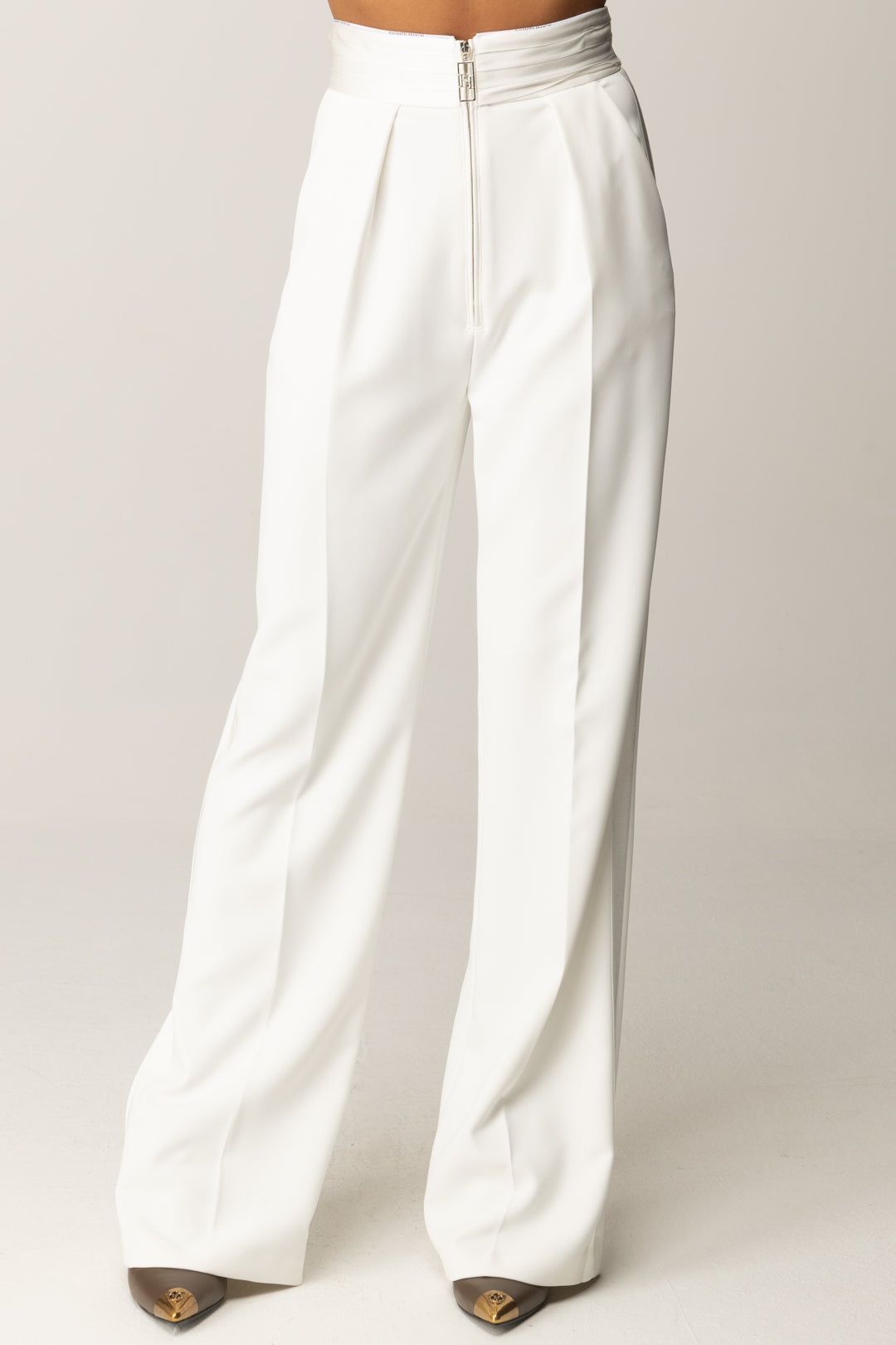 Elisabetta Franchi Pantaloni Palazzo con Fascione Smoking PA10056E2 AVORIO