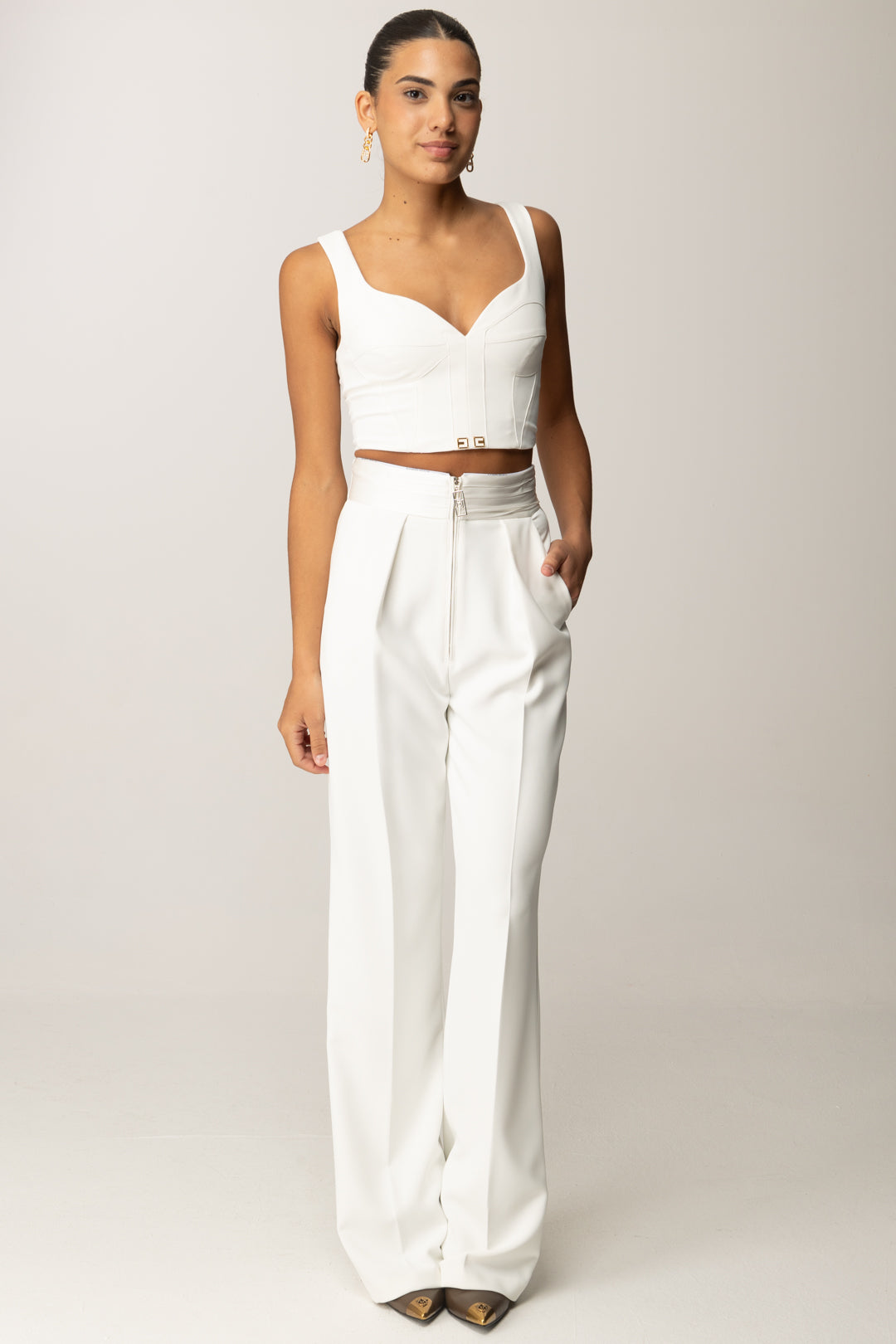 Elisabetta Franchi Pantaloni Palazzo con Fascione Smoking PA10056E2 AVORIO