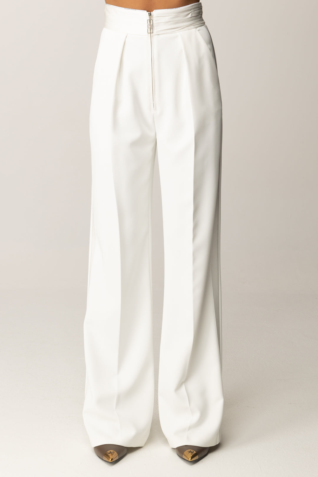 Elisabetta Franchi Pantaloni Palazzo con Fascione Smoking PA10056E2 AVORIO