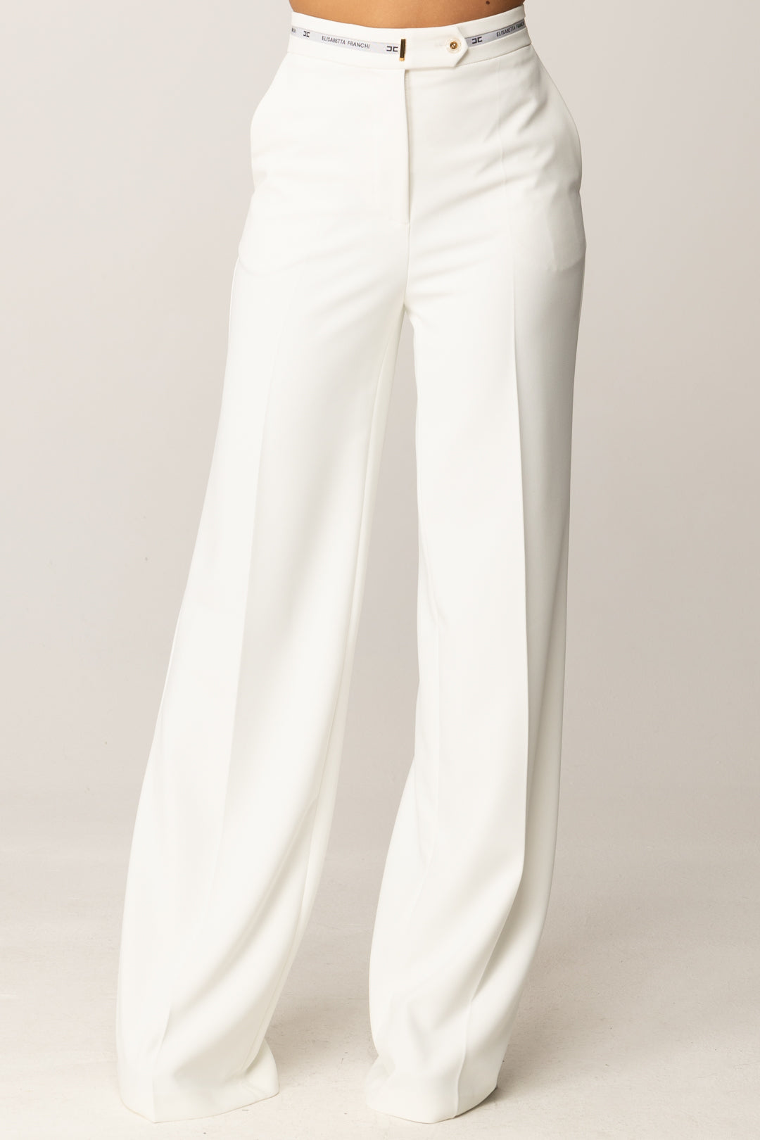 Elisabetta Franchi Pantaloni Palazzo con Nastro Logo PA10356E2 AVORIO