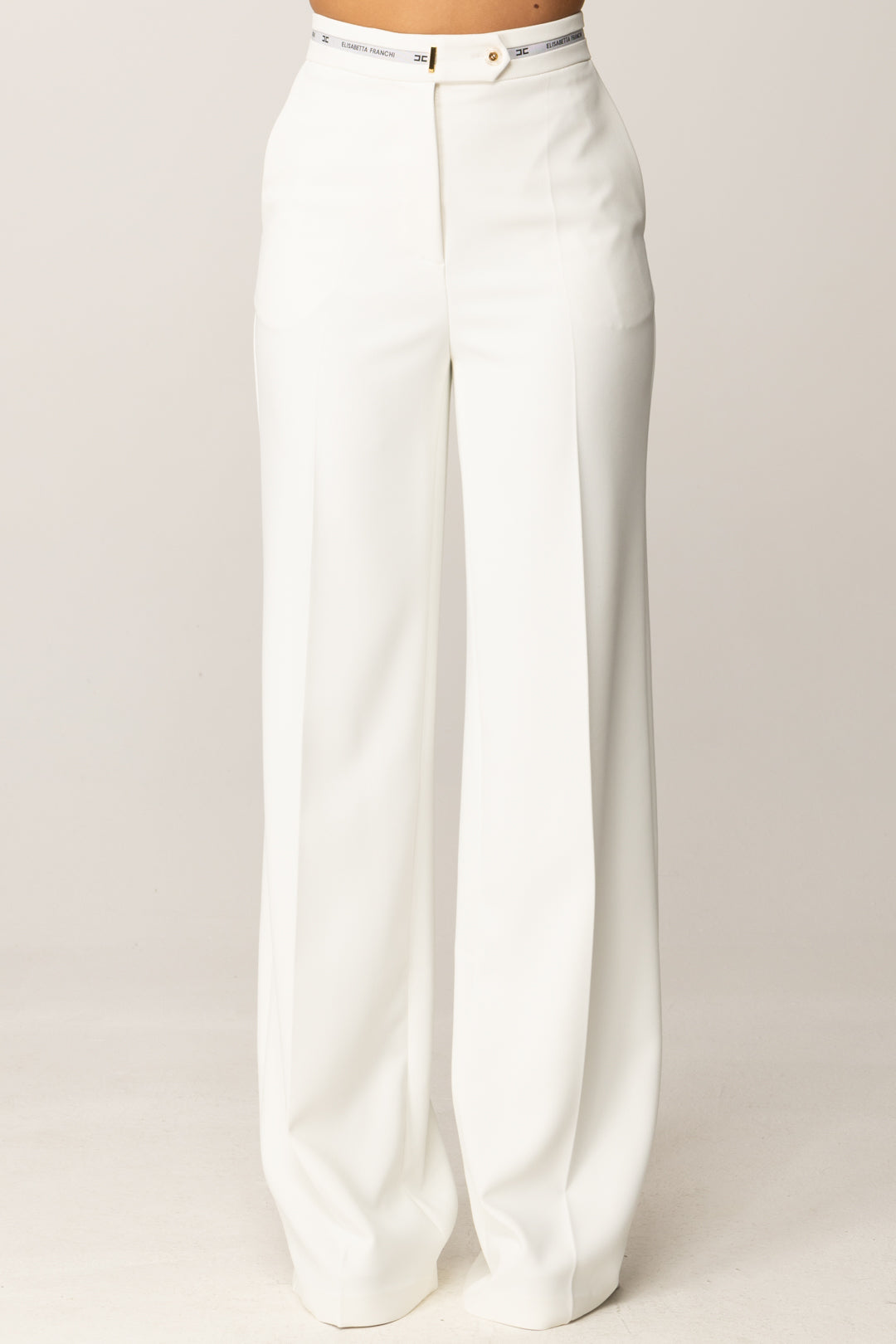 Elisabetta Franchi Pantaloni Palazzo con Nastro Logo PA10356E2 AVORIO