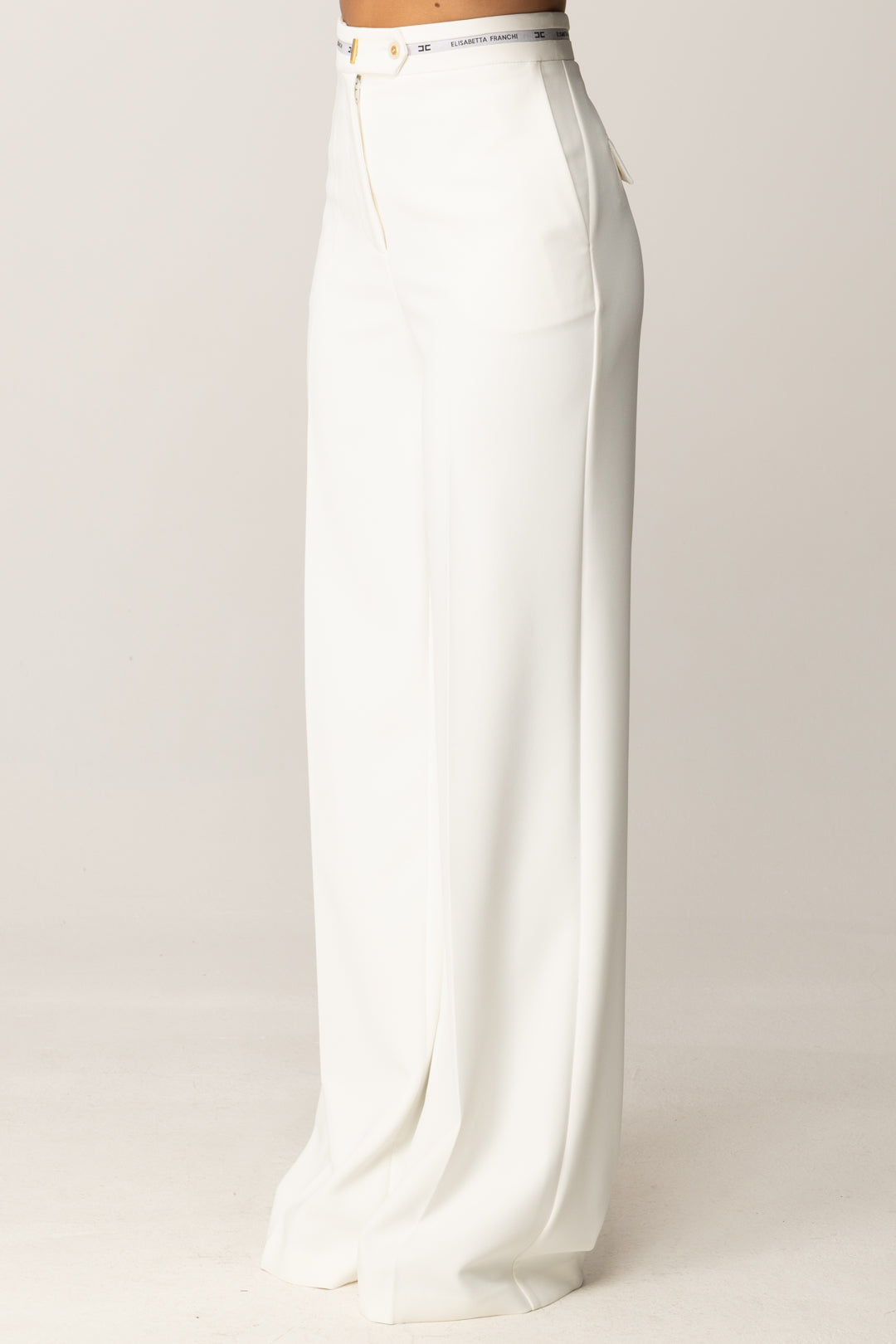 Elisabetta Franchi Pantaloni Palazzo con Nastro Logo PA10356E2 AVORIO