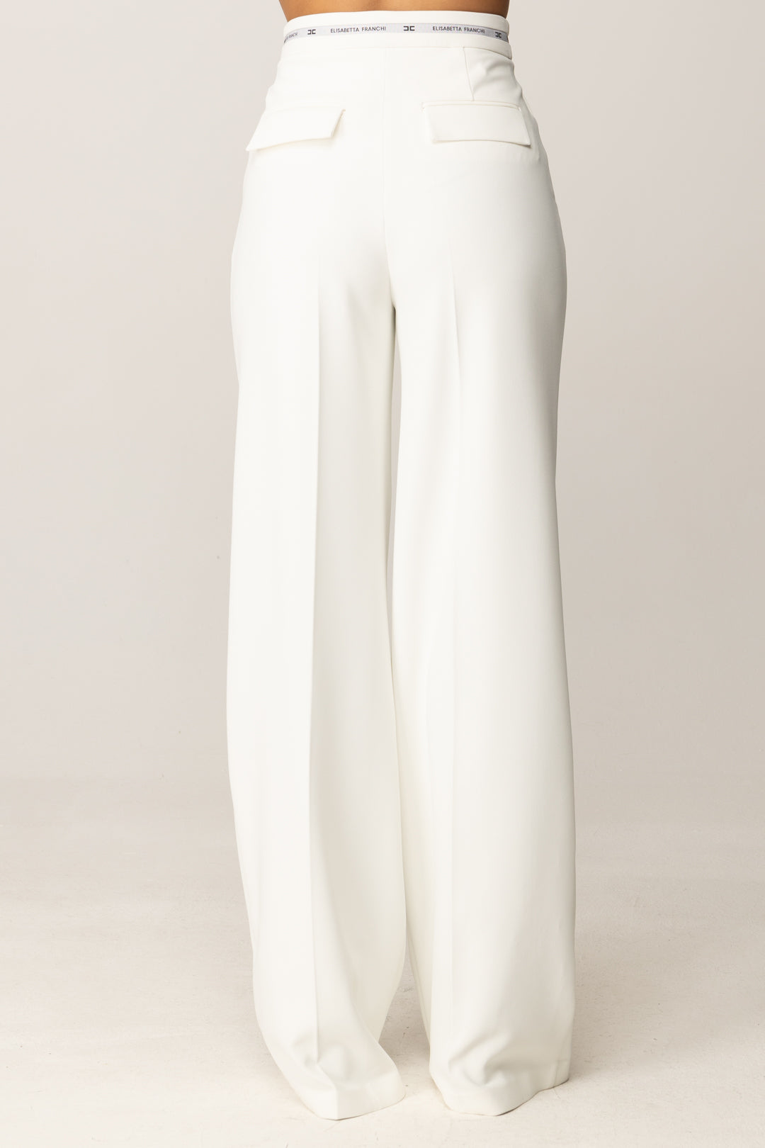 Elisabetta Franchi Pantaloni Palazzo con Nastro Logo PA10356E2 AVORIO
