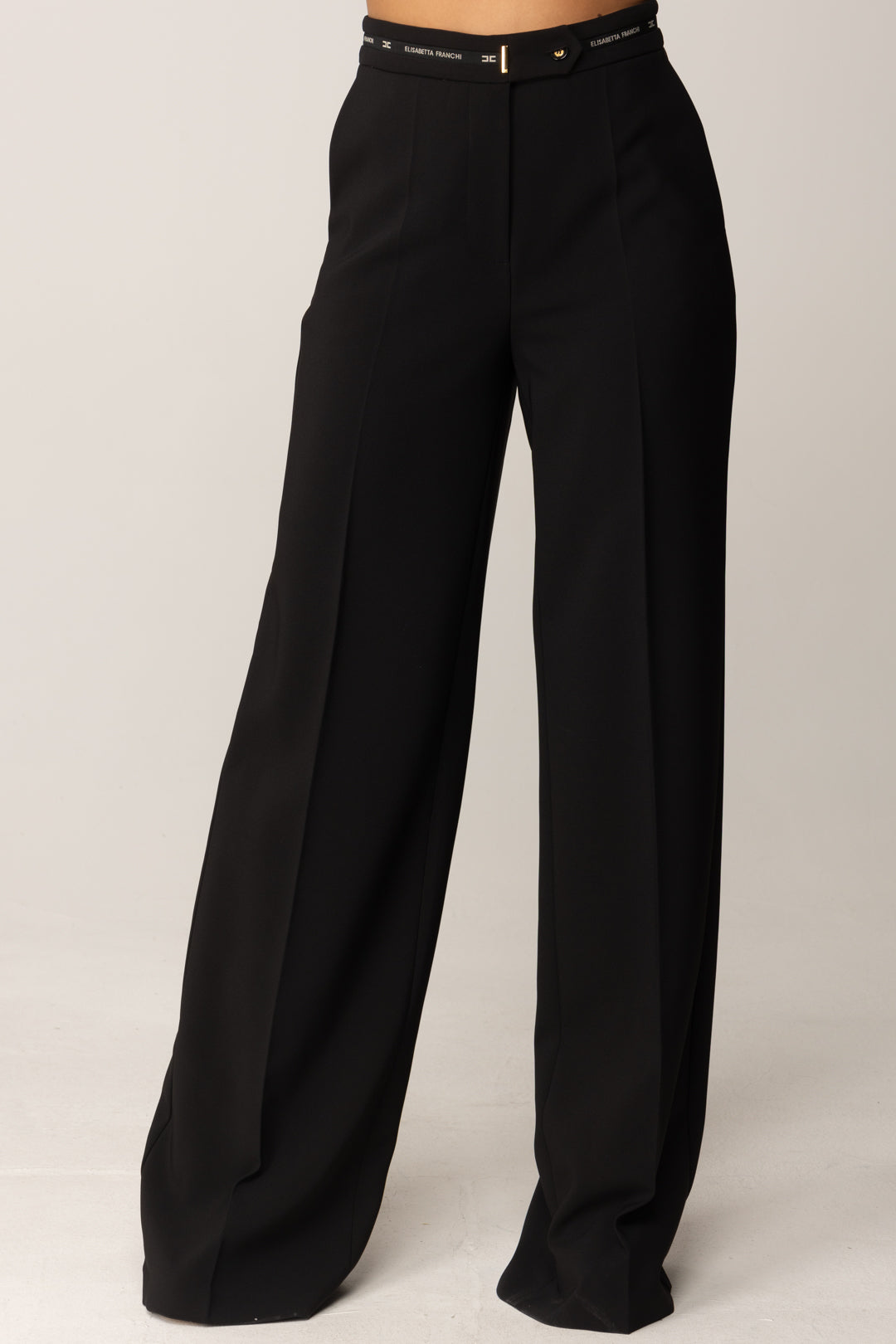 Elisabetta Franchi Pantaloni Palazzo con Nastro Logo PA10356E2 NERO