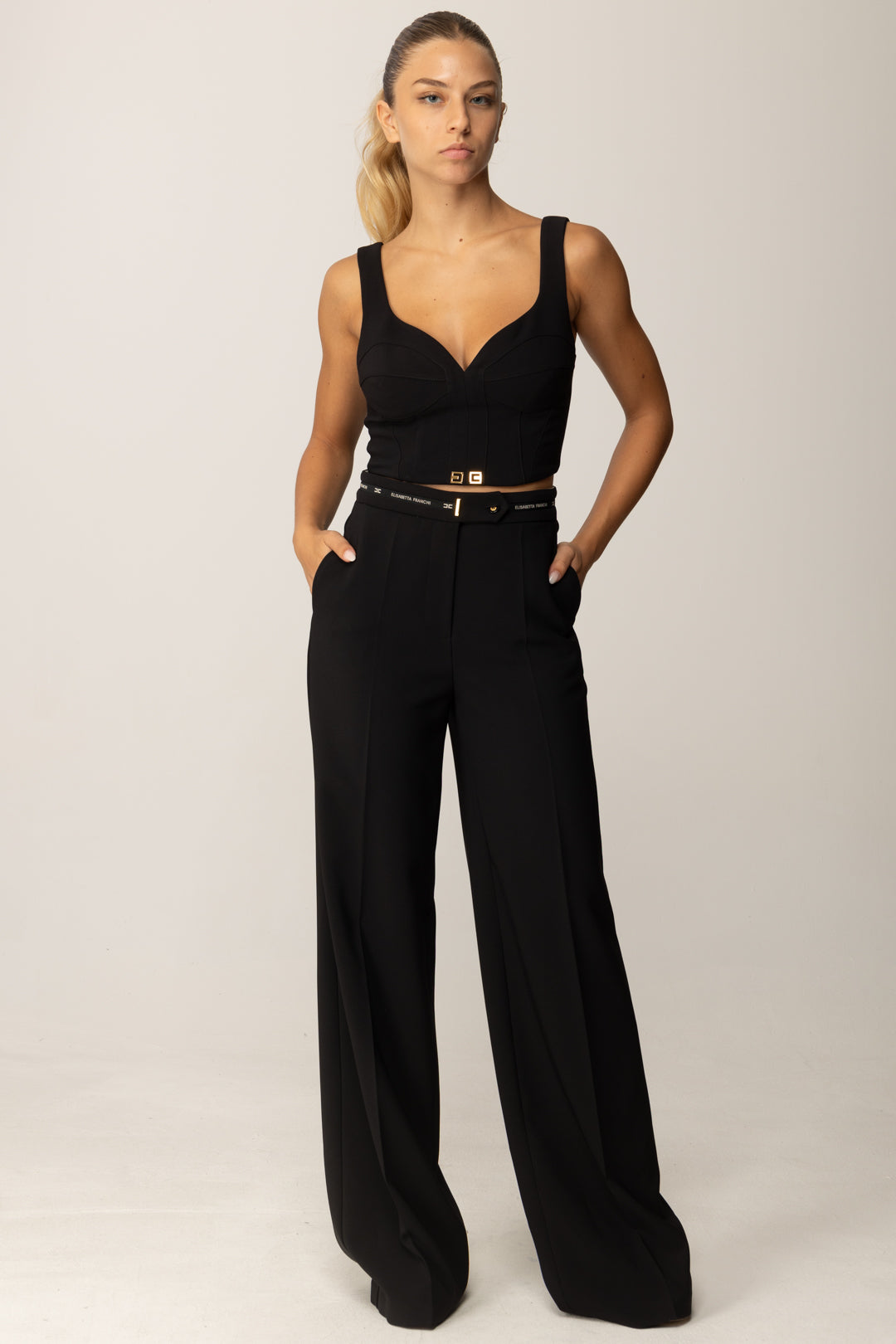 Elisabetta Franchi Pantaloni Palazzo con Nastro Logo PA10356E2 NERO