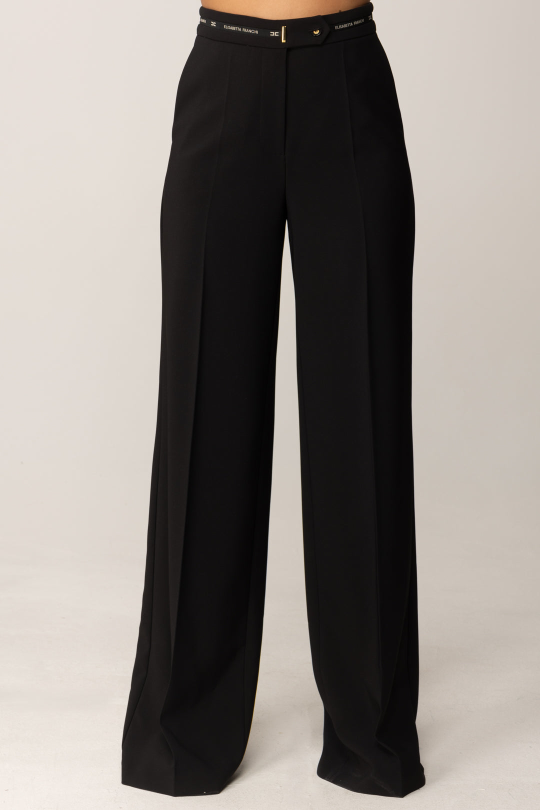Elisabetta Franchi Pantaloni Palazzo con Nastro Logo PA10356E2 NERO