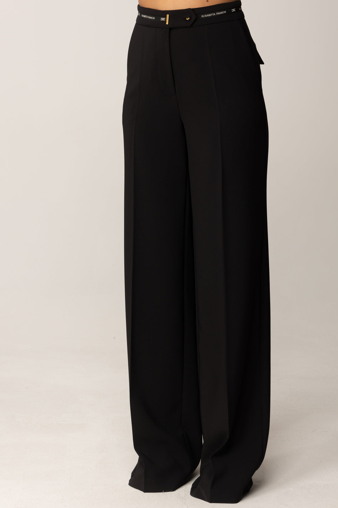 Elisabetta Franchi Pantaloni Palazzo con Nastro Logo PA10356E2 NERO