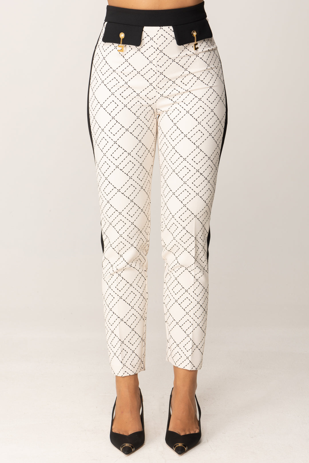 Elisabetta Franchi Pantaloni Stampa Logo con Dettagli a Contrasto PAS0156E2 MILK/NERO