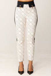 Elisabetta Franchi Pantaloni Stampa Logo con Dettagli a Contrasto PAS0156E2 MILK/NERO