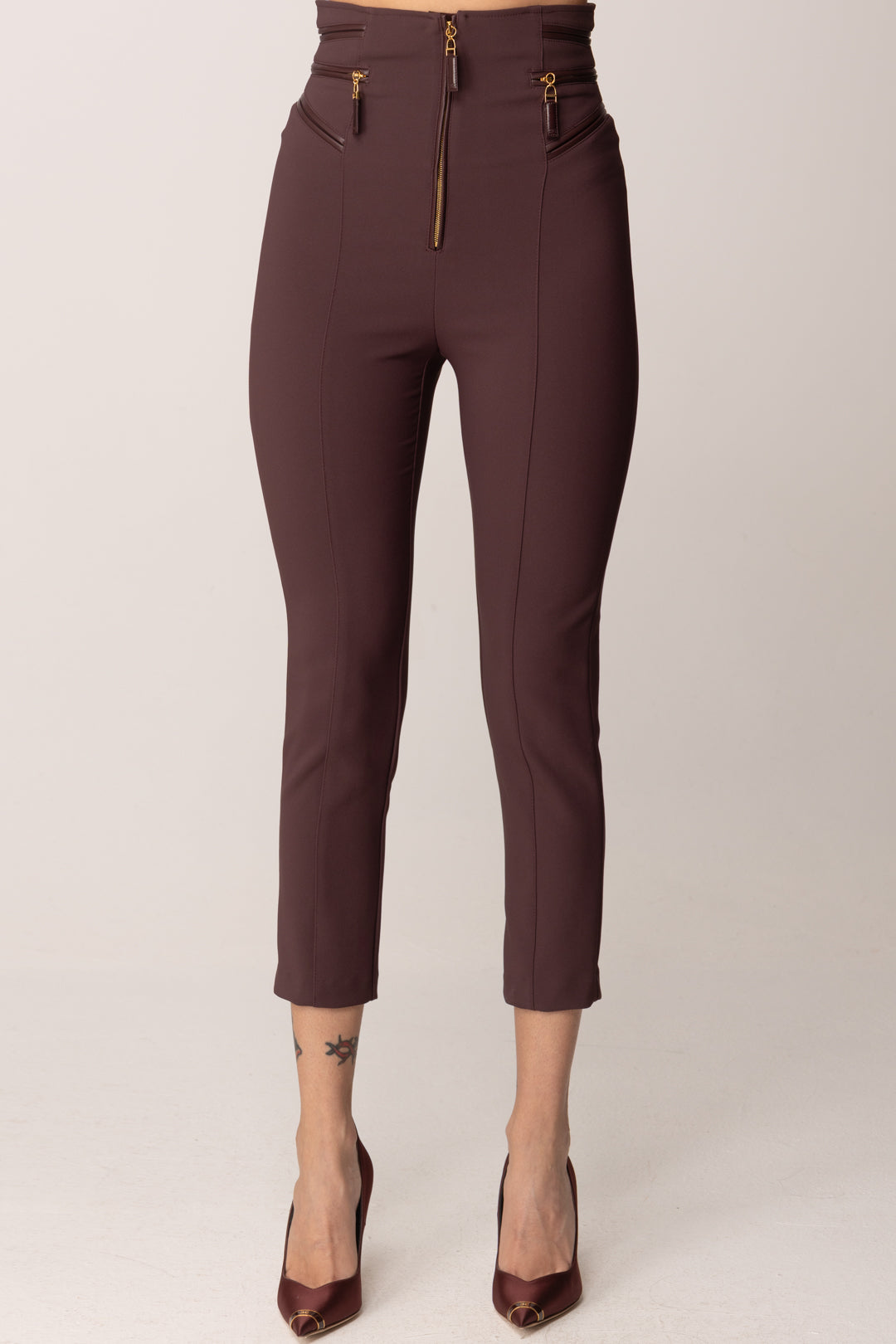 Elisabetta Franchi Pantaloni a Vita Alta con Dettagli Zip PA11956E2 MERLOT